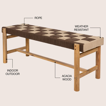 Denis 48" 2-Seat Backless 700-Lbs Support Acacia Wood Outdoor Bench With Checkerboard Woven Rope Seat